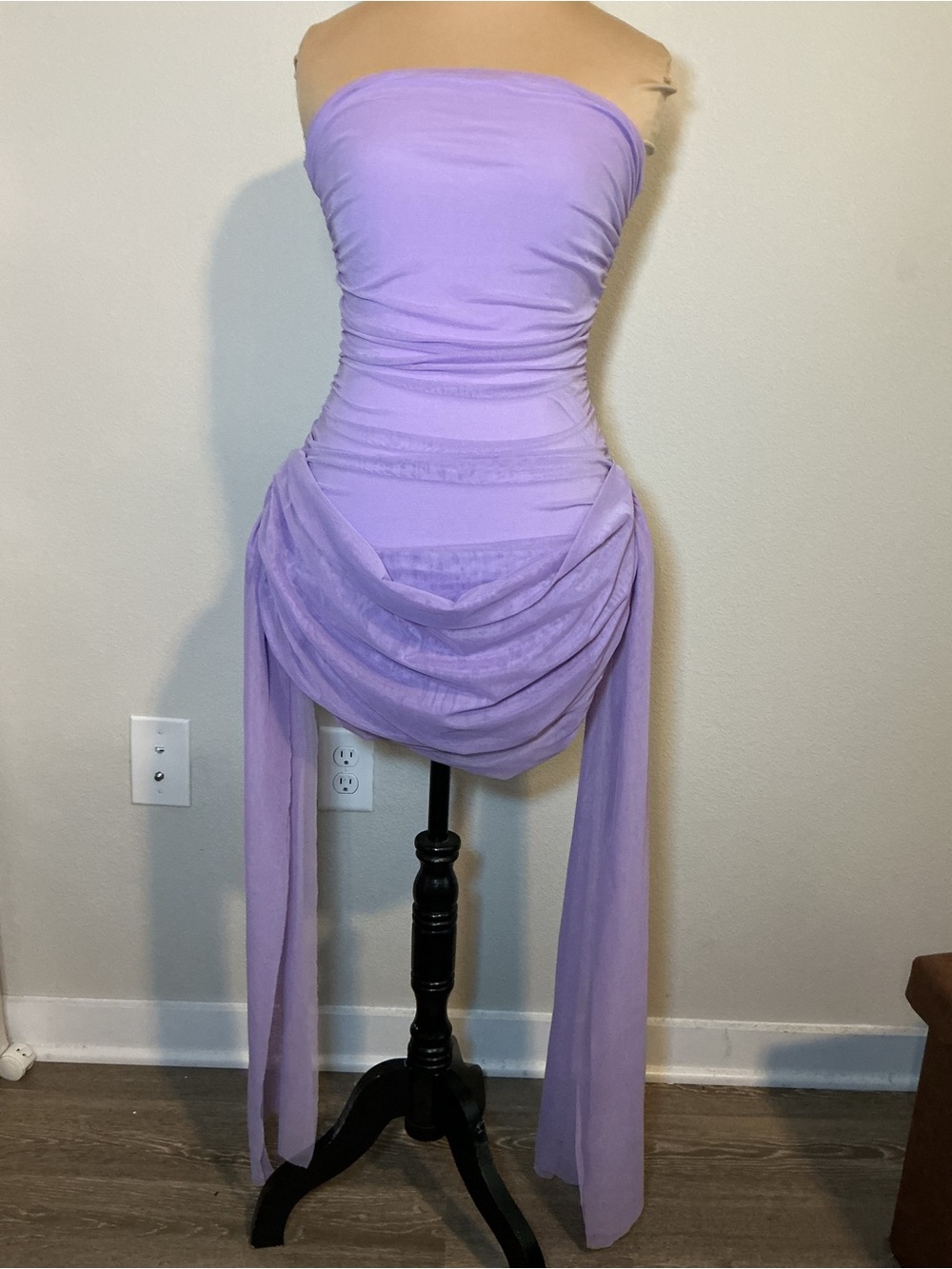 Strapless Lavender Ruched Drape Mini Dress